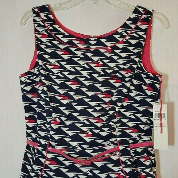 NEW London Times Sheath Dress Sz 10 Blue Navy Pink White Belt Pockets - Picture 1 of 5